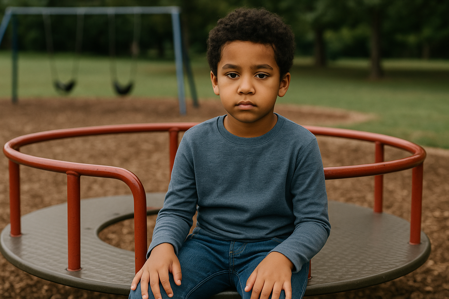 a little boy sitting on a merry-go-round looking lost.